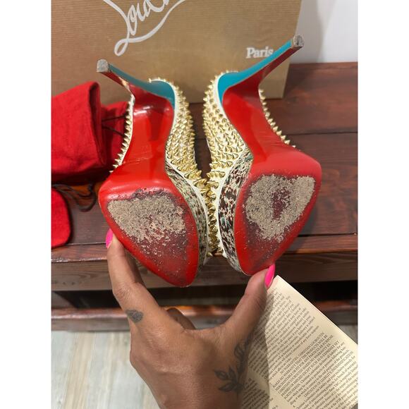 Christian Louboutin Lady Peep Spikes 150mm Heels -Size 38.5 - Craie Gold Studded - Picture 3 of 6